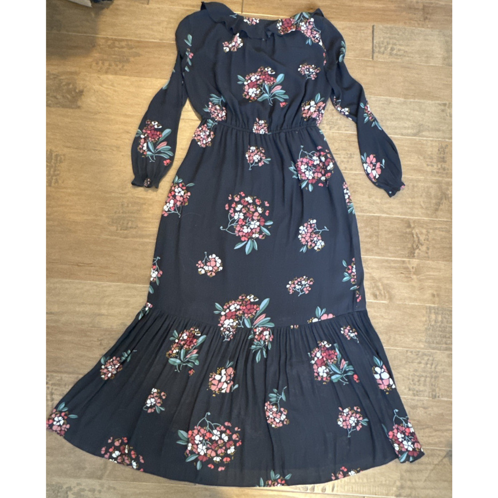 LOFT Floral Smocked Ruffle Maxi Dress Gray Long Sleeve Style 404708 Fall 2019 M - Picture 10 of 14